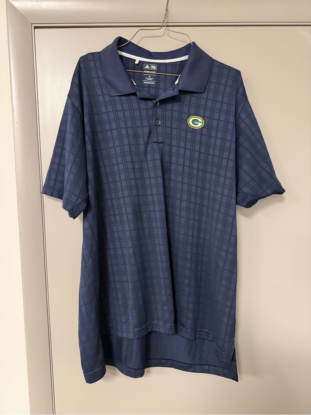 Adidas Men's Navy Plaid Polo Shirt with Green Bay Packers Logo Short Sleeve XL